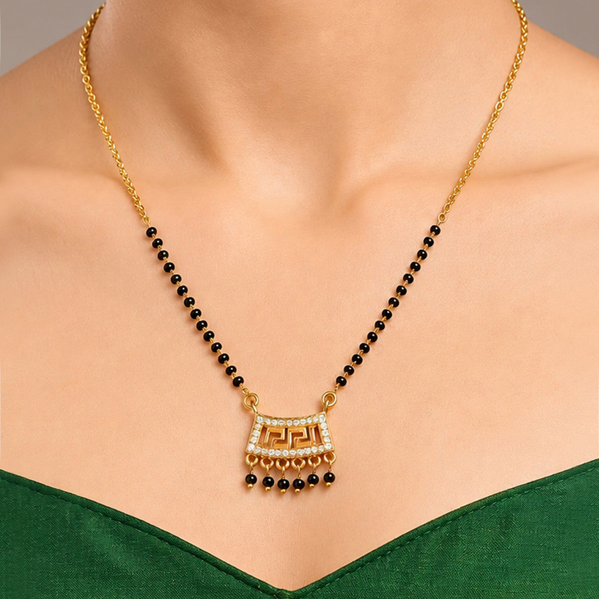 Artklim Royal Black Beads Gold-Plated Traditional Mangalsutra with Kundan Pendant
