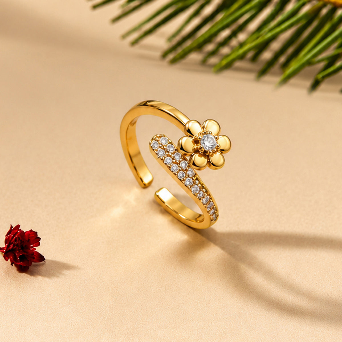 Artklim Dainty Floral Sparkle Gold-Tone Anti-Tarnish Ring