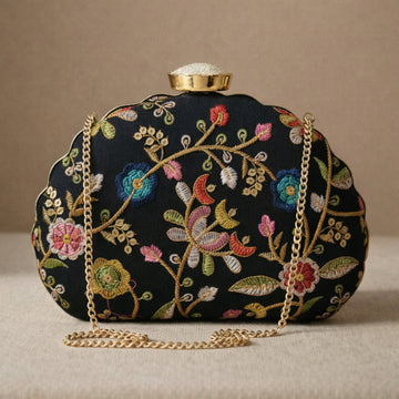 Artklim Black Ethnic Floral Embroidered Clutch