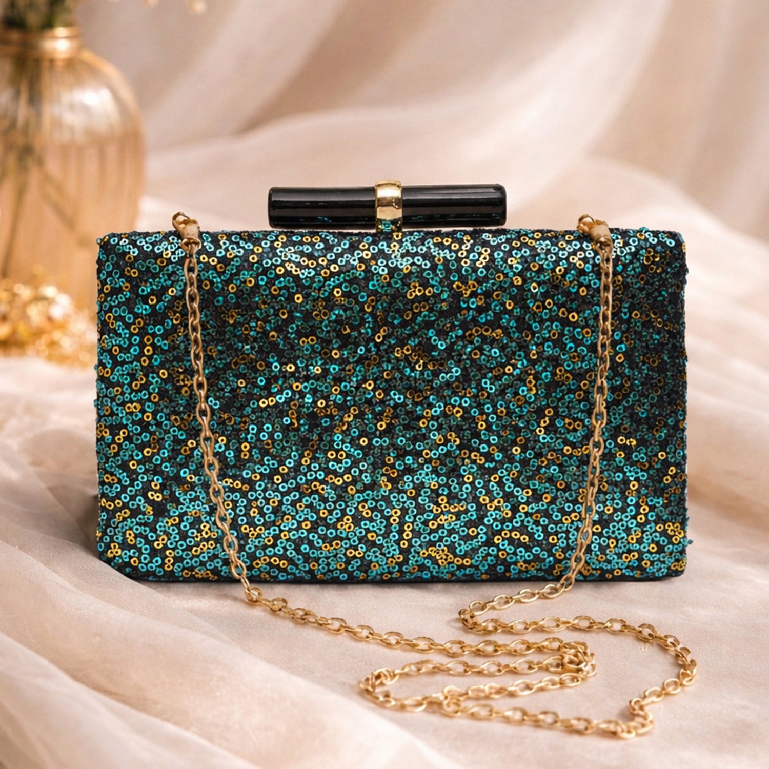 Artklim Blue - Green Designer Embroidred Clutch