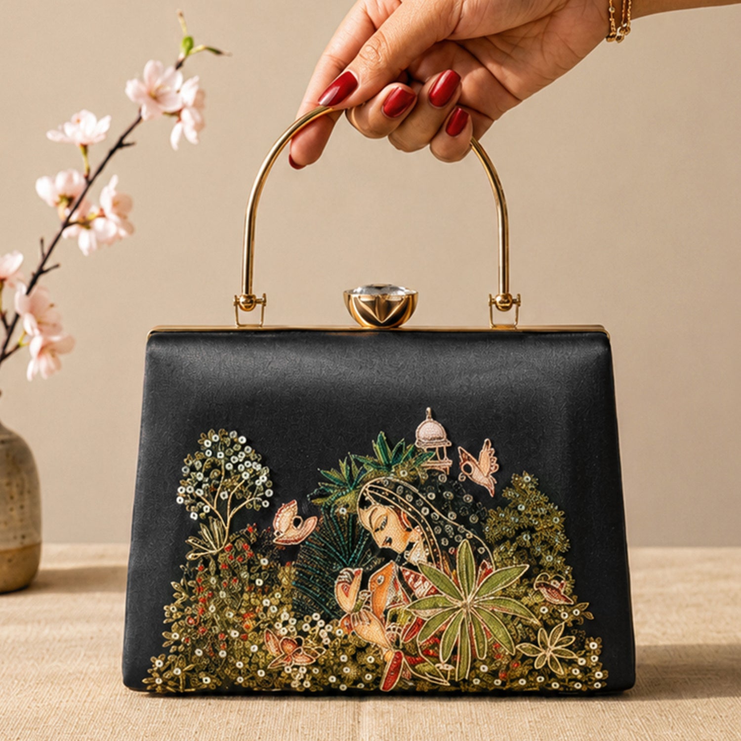 Artklim Printed Enchanted Garden Lady Clutch with Hand Embroidery