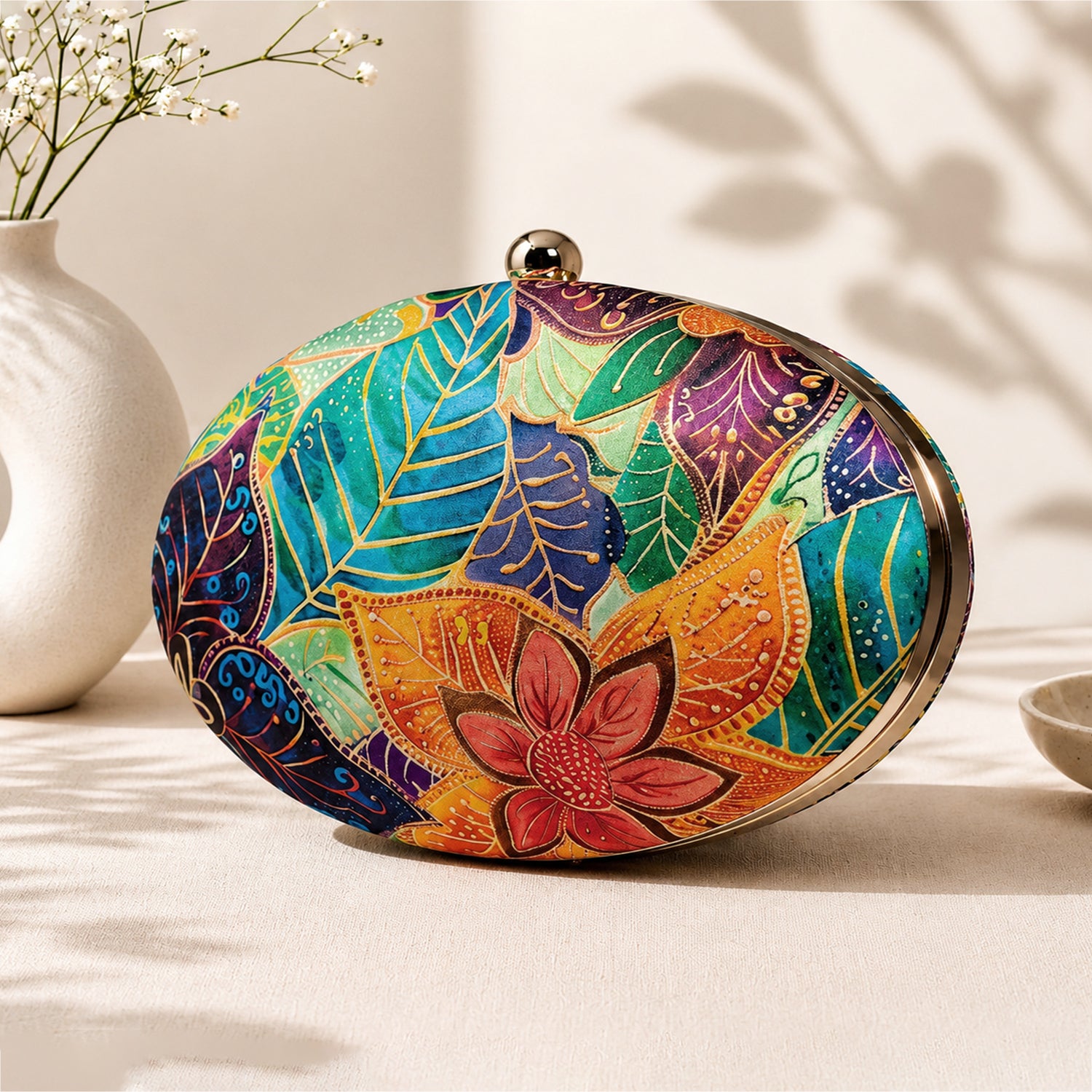 Multicolor Batik Floral Print Oval Clutch