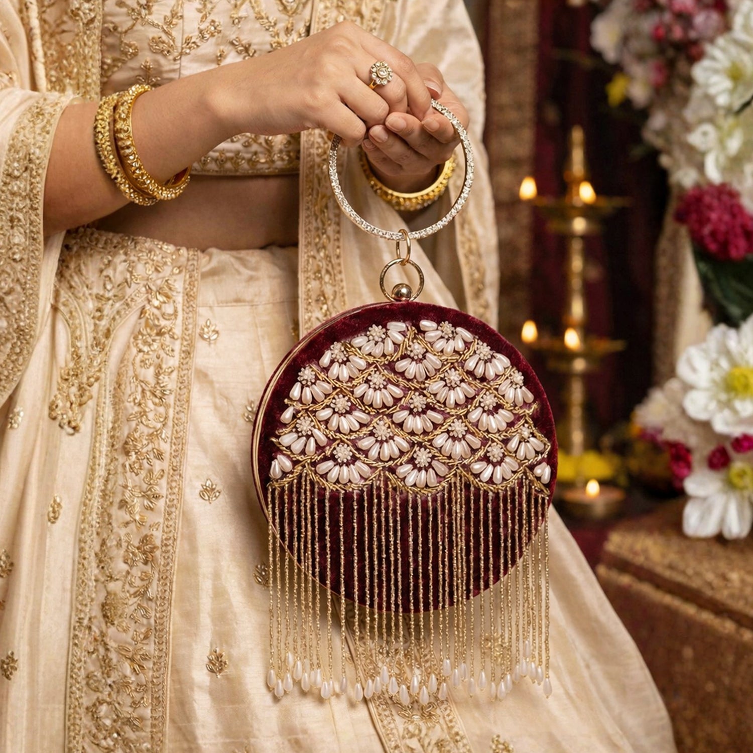 Artklim Elegant Floral Pearl Handcrafted Embroidered Round Clutch