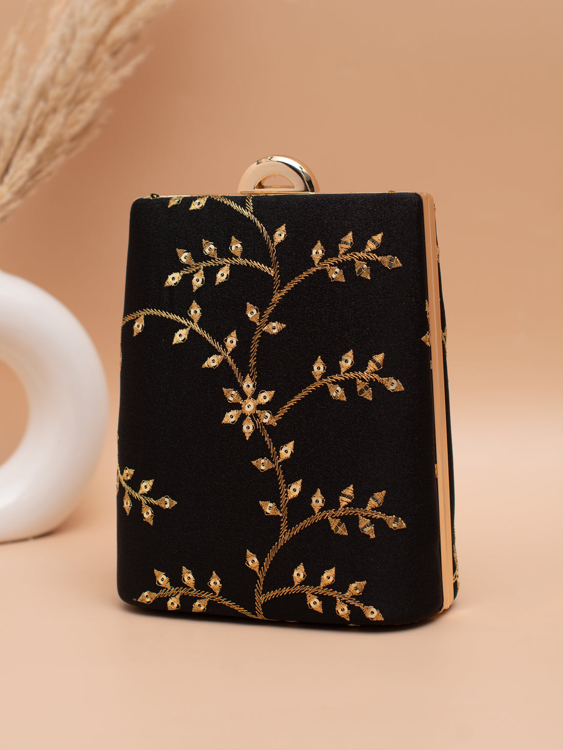 Artklim Black Clutch with Golden Vine