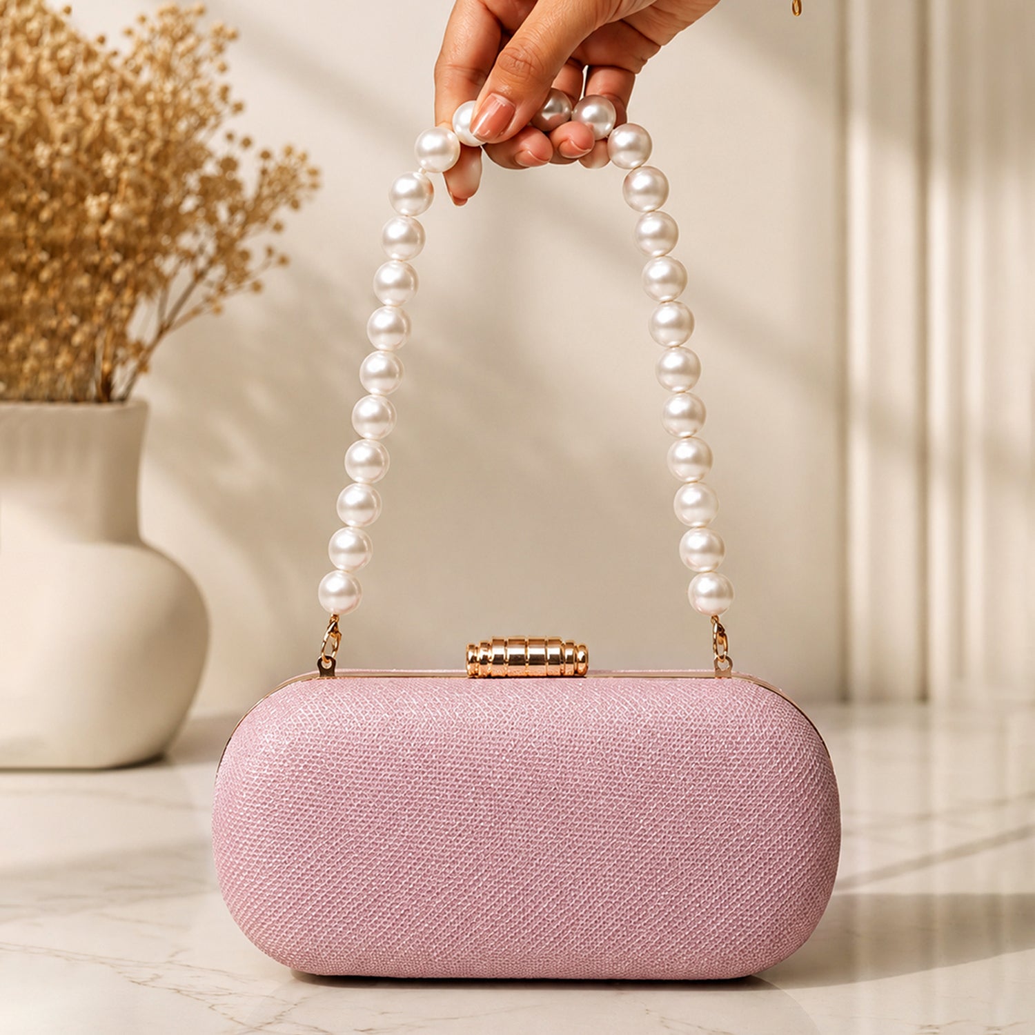 Artklim Baby Pink Textured Pearl Handle Embroidery Clutch