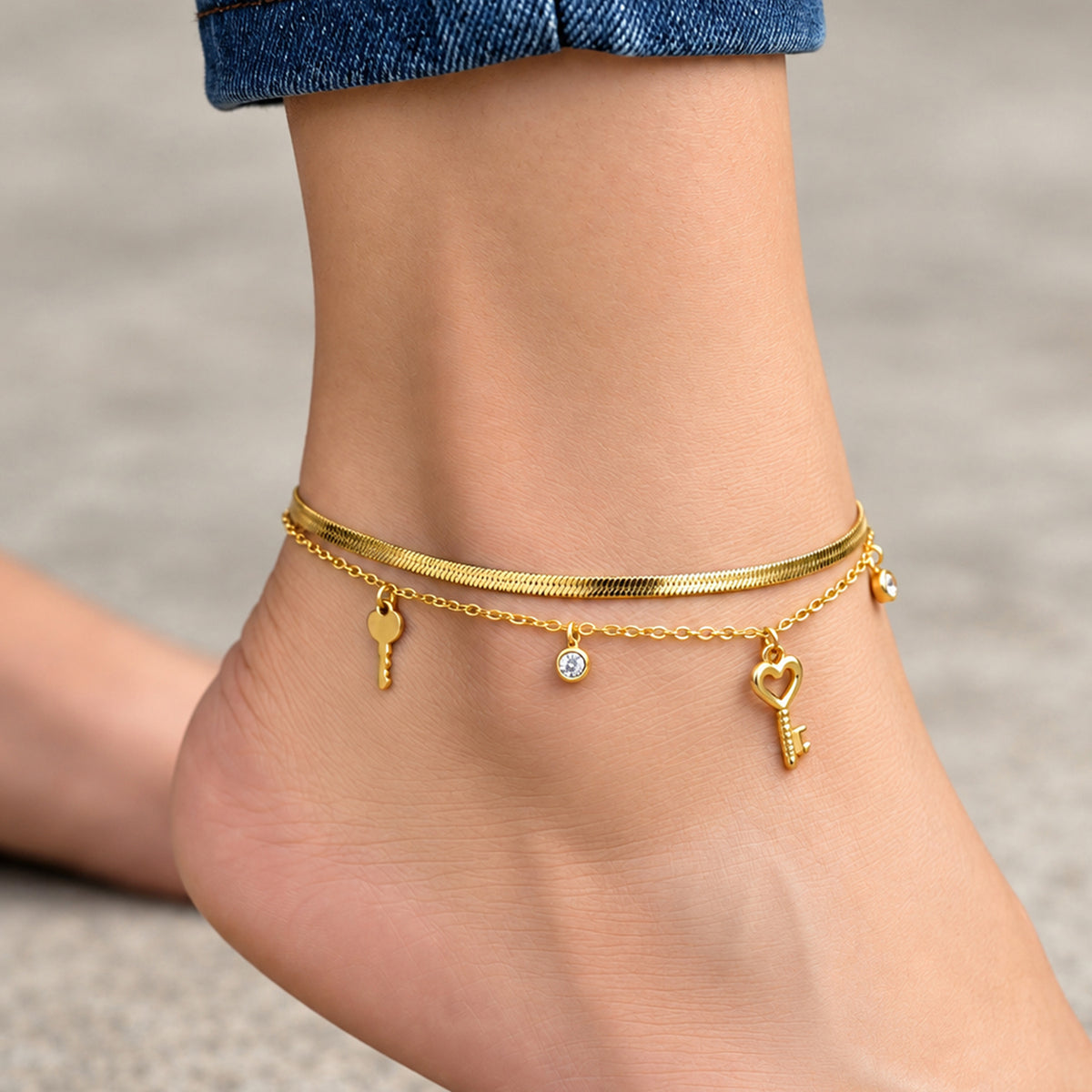Artklim Double Layer Key Charm Crystal Anti-Tarnish Anklet