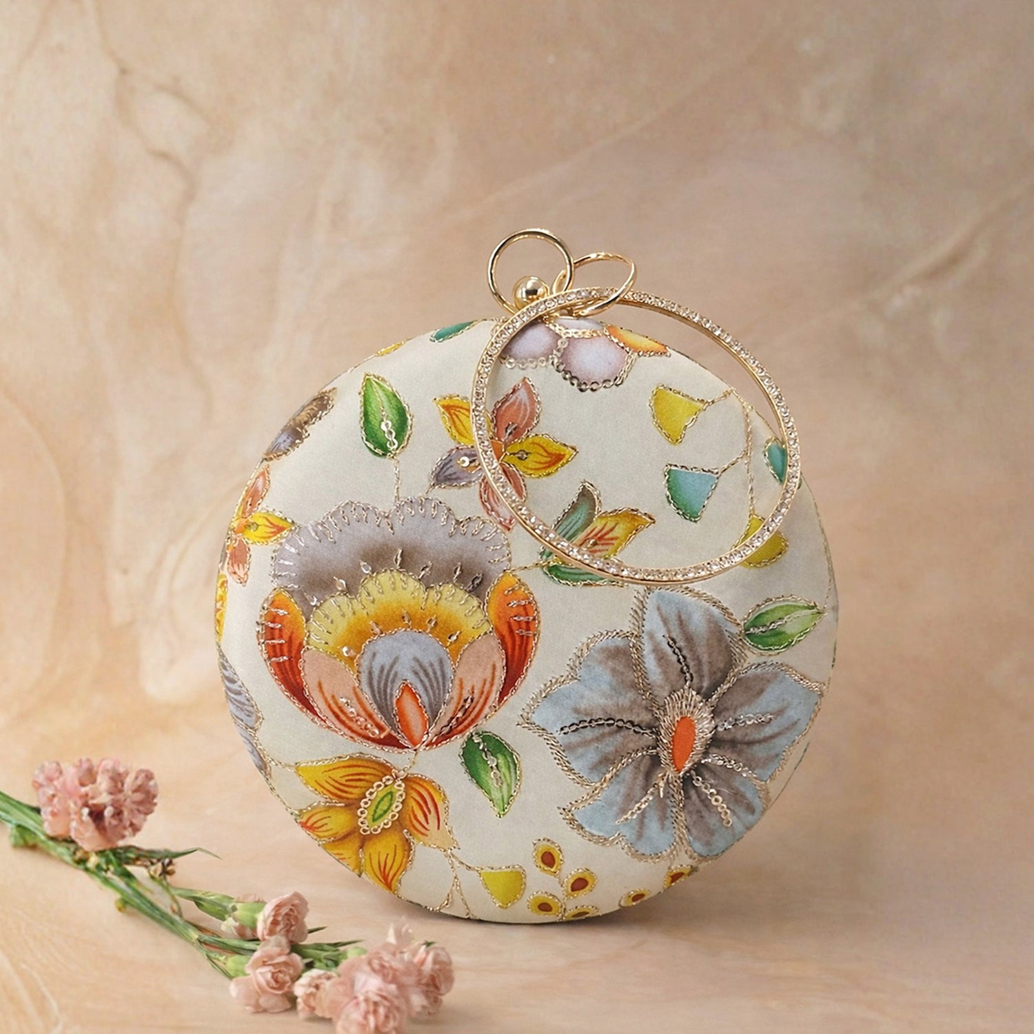 Artklim Ivory Floral Round Embroidered Clutch