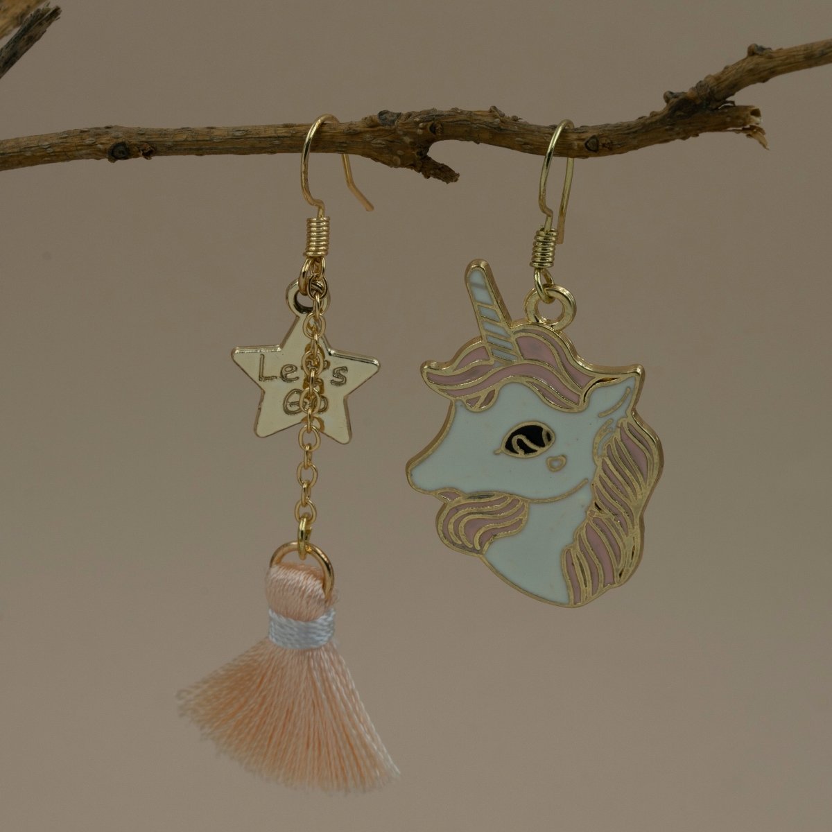 Artklim Gold Plated Peach Unicorn And Star Charm Earrings