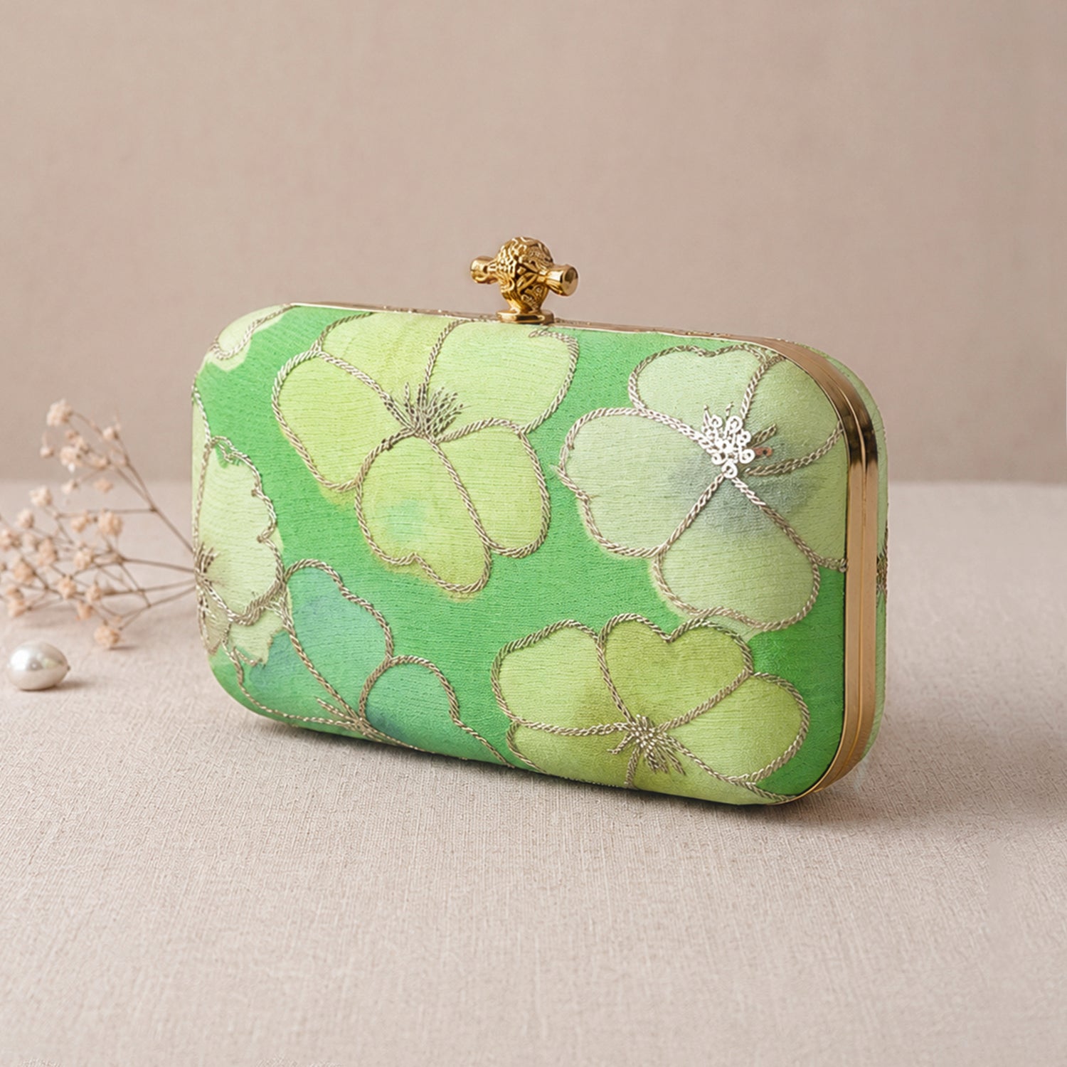 Artklim Luxury Green Floral Evening Clutch