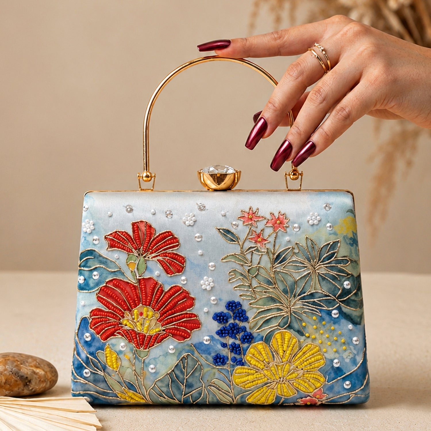 Artklim Blue Floral Artistic Embroidered Clutch