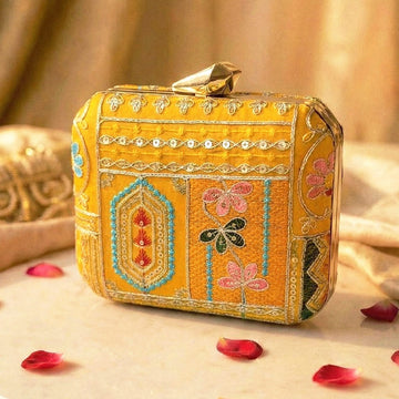 Artklim Royal Mustard Floral Embroidered Clutch