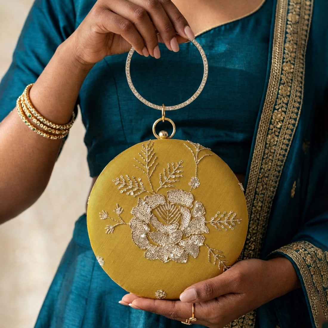 Artklim Mustard Yellow Floral Embroidered Round Clutch