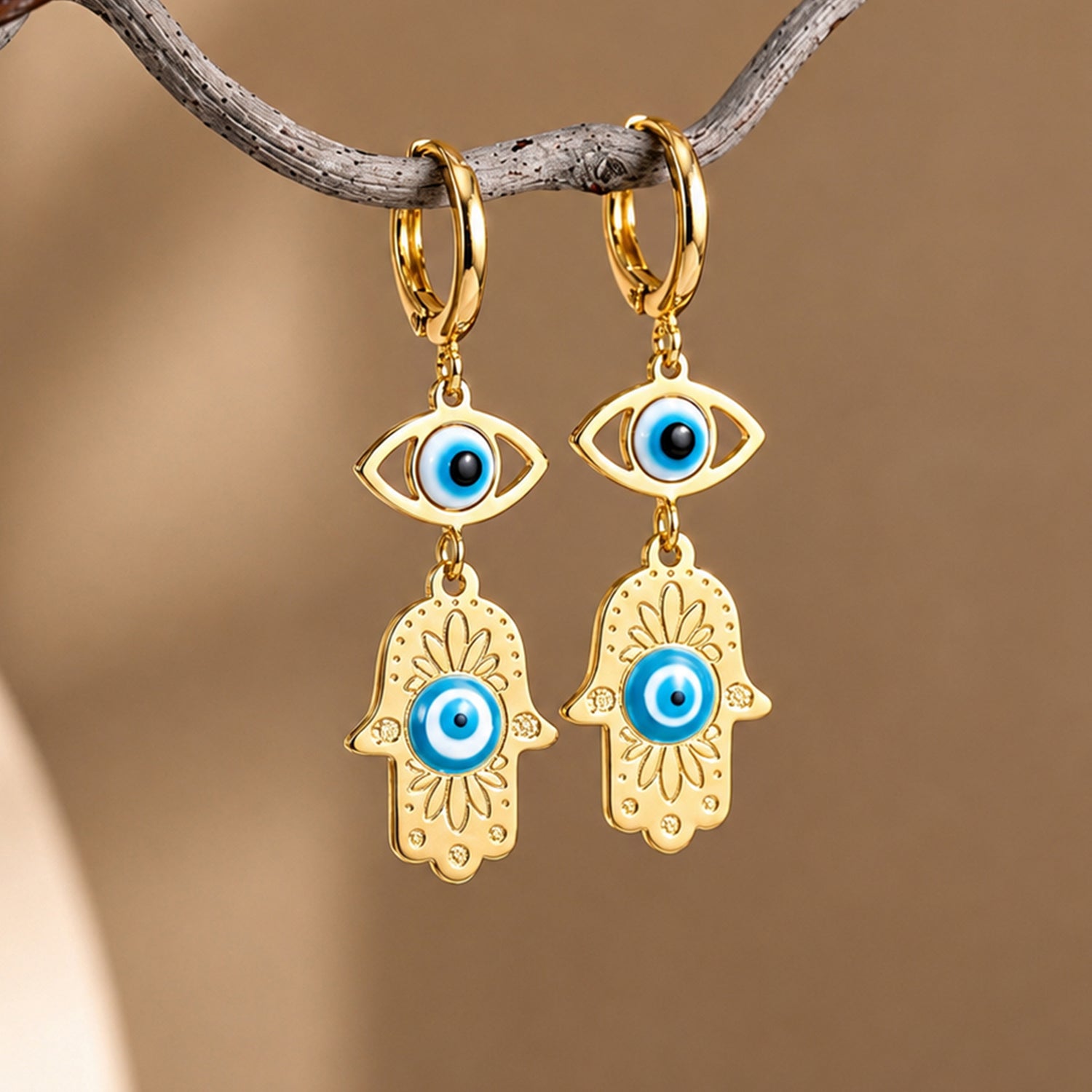 Artklim Evil Eye Hamsa Hand Hoop Anti-Tarnish Earring