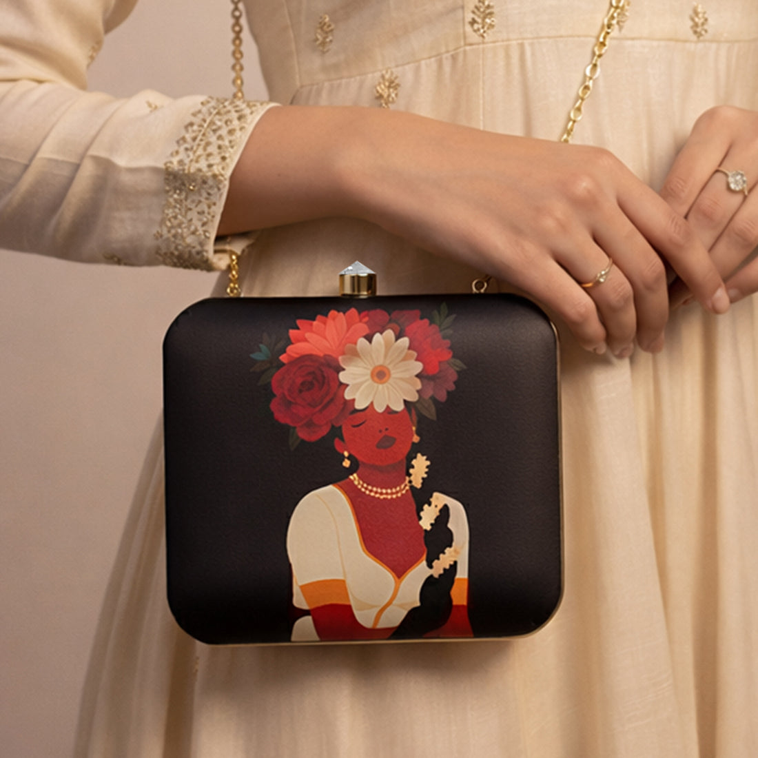 Artklim Black Based Afro Woman Portrait Printed Clutch