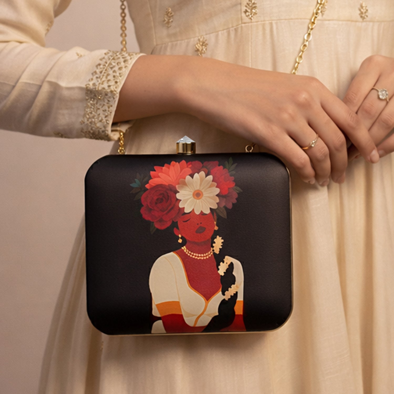 Artklim Black Based Afro Woman Portrait Printed Clutch