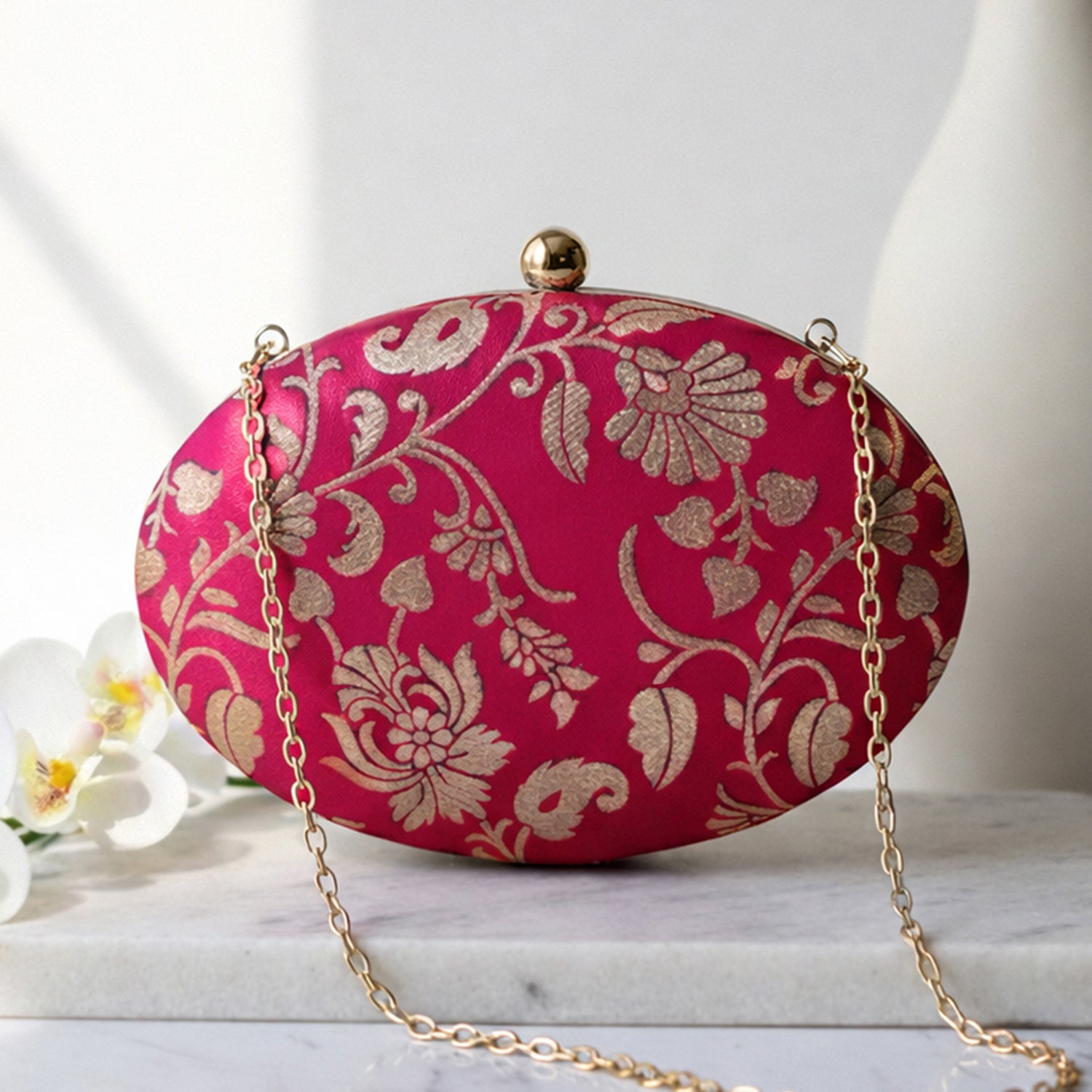 Artklim Magenta Pink Based Silver Floral Pattern Brocade Fabric Oval Clutch