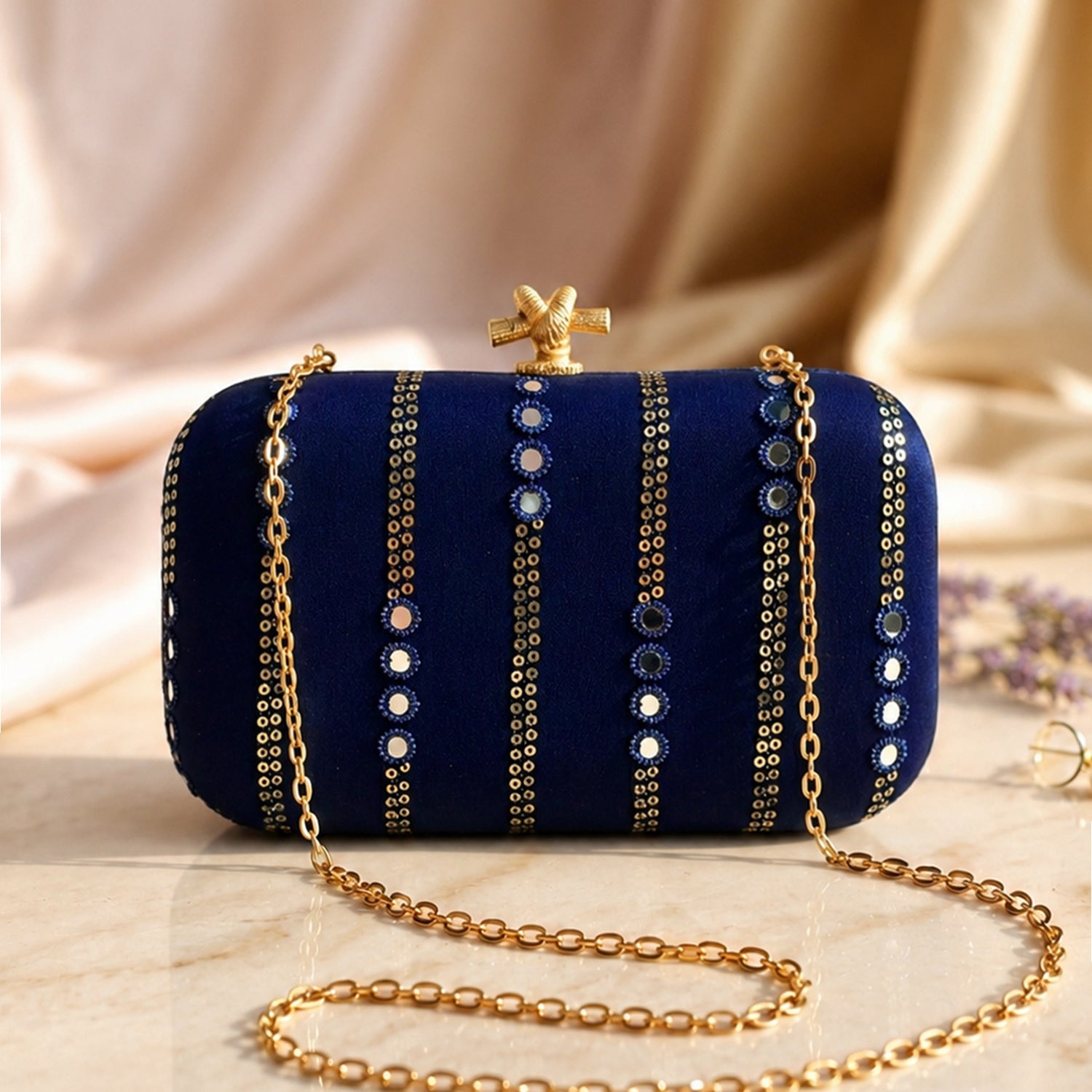 Artklim Elegant Navy Blue Embellished Embroidered Clutch Bag