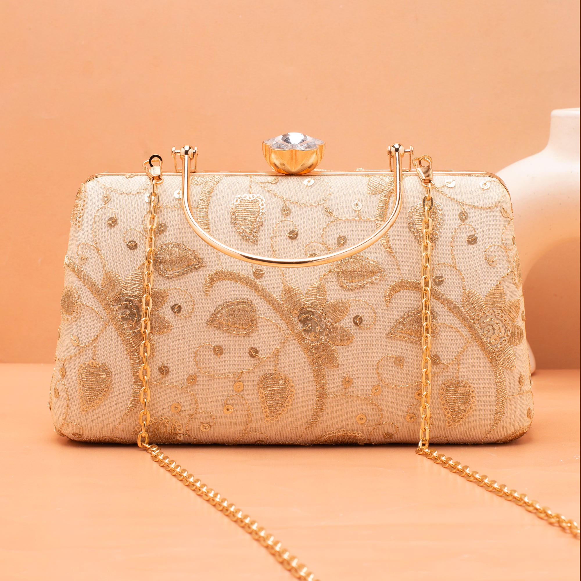 Artkim Off White Based Sequins And Threadwork Embroidery Clutch