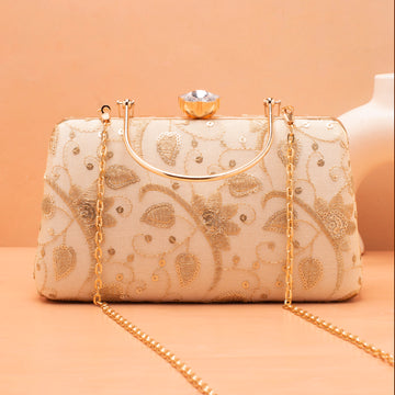 Artkim Off White Based Sequins And Threadwork Embroidery Clutch