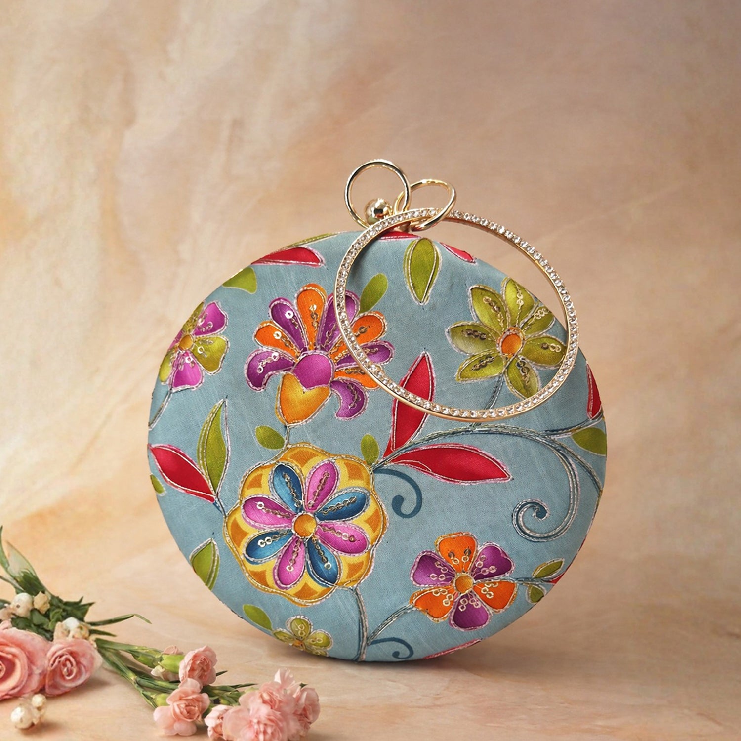 Artklim Blue Floral Round Embroidered Clutch