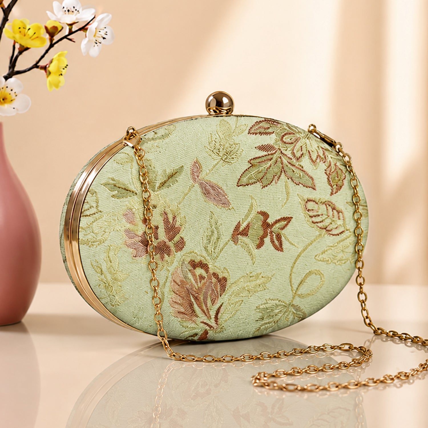 Artklim Mint Green Floral Printed Women Clutch