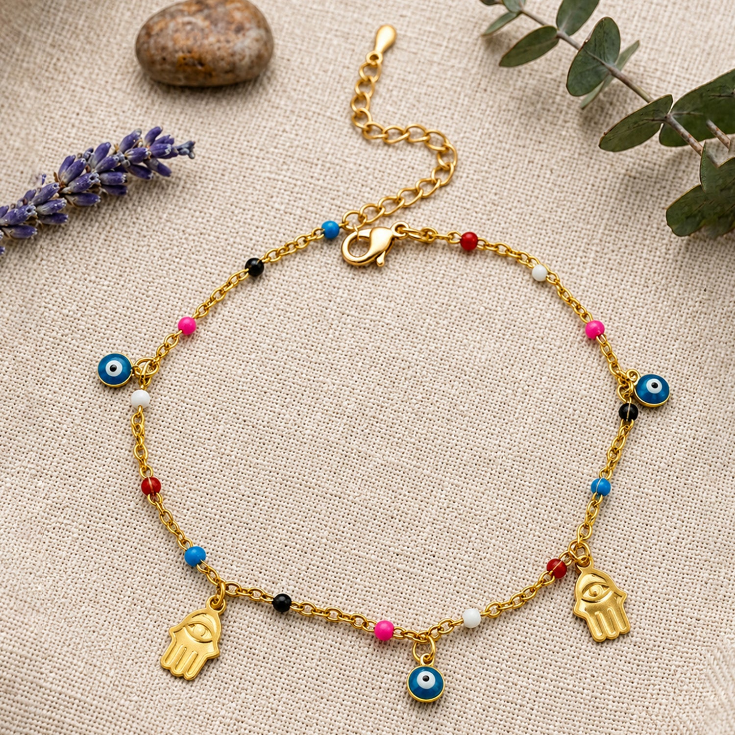 Artklim Evil Eye & Hamsa Protection Charm Anti-Tarnish Anklet
