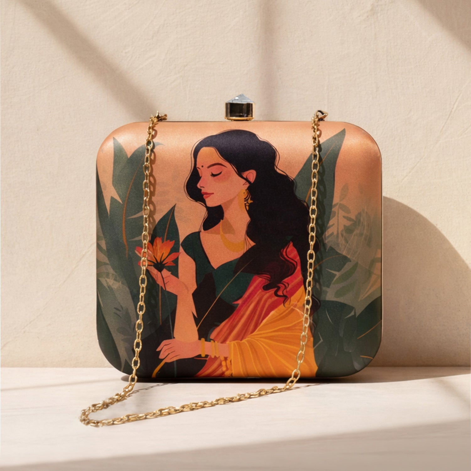 Beige Based Indian Woman In Yellow Saree Printed Clutch