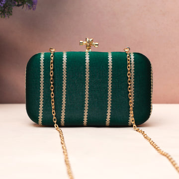 Artklim Regal Forest Green Satin Embroidered Clutch