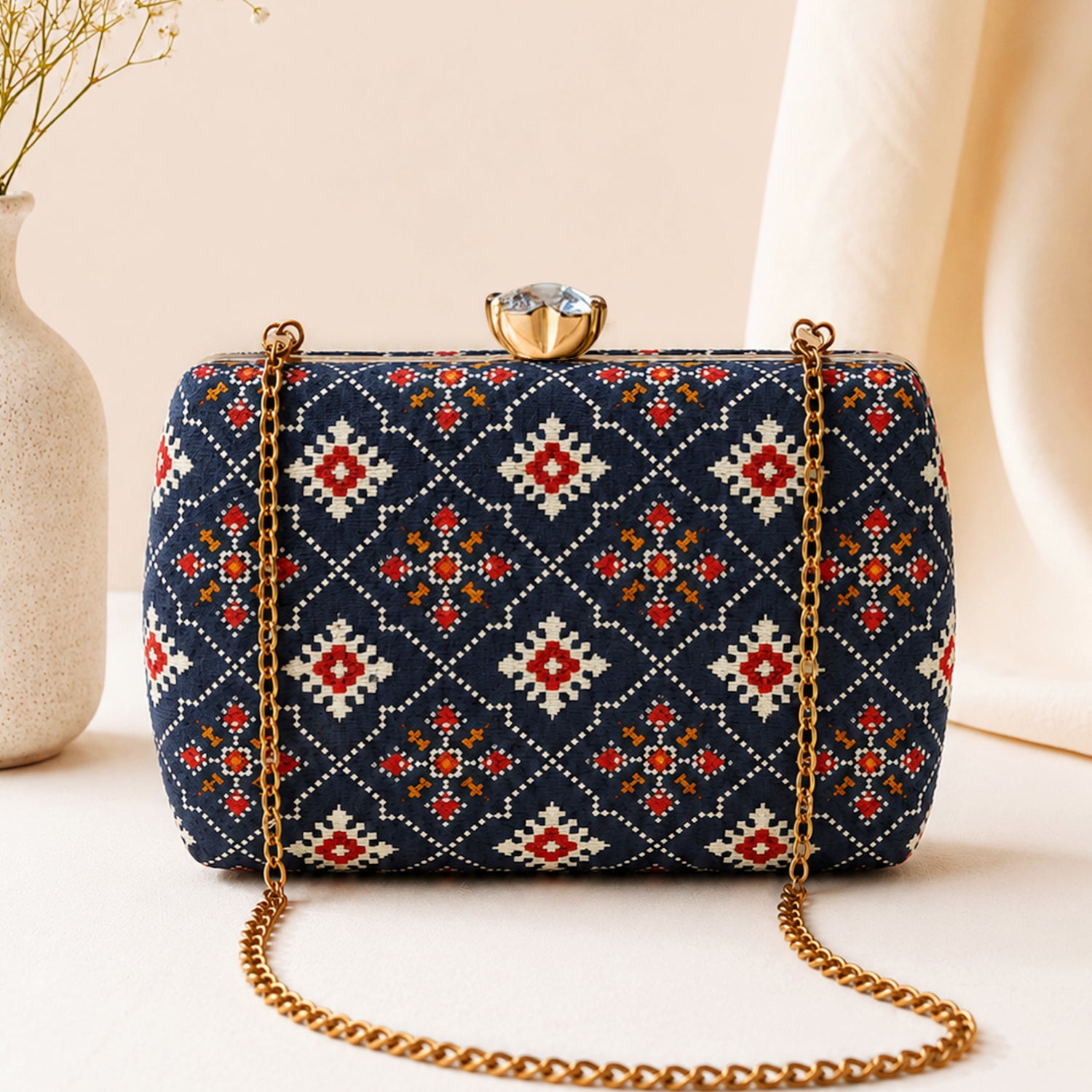 Artklim Navy Blue Ethnic Floral Pattern Chain Strap Printed Clutch