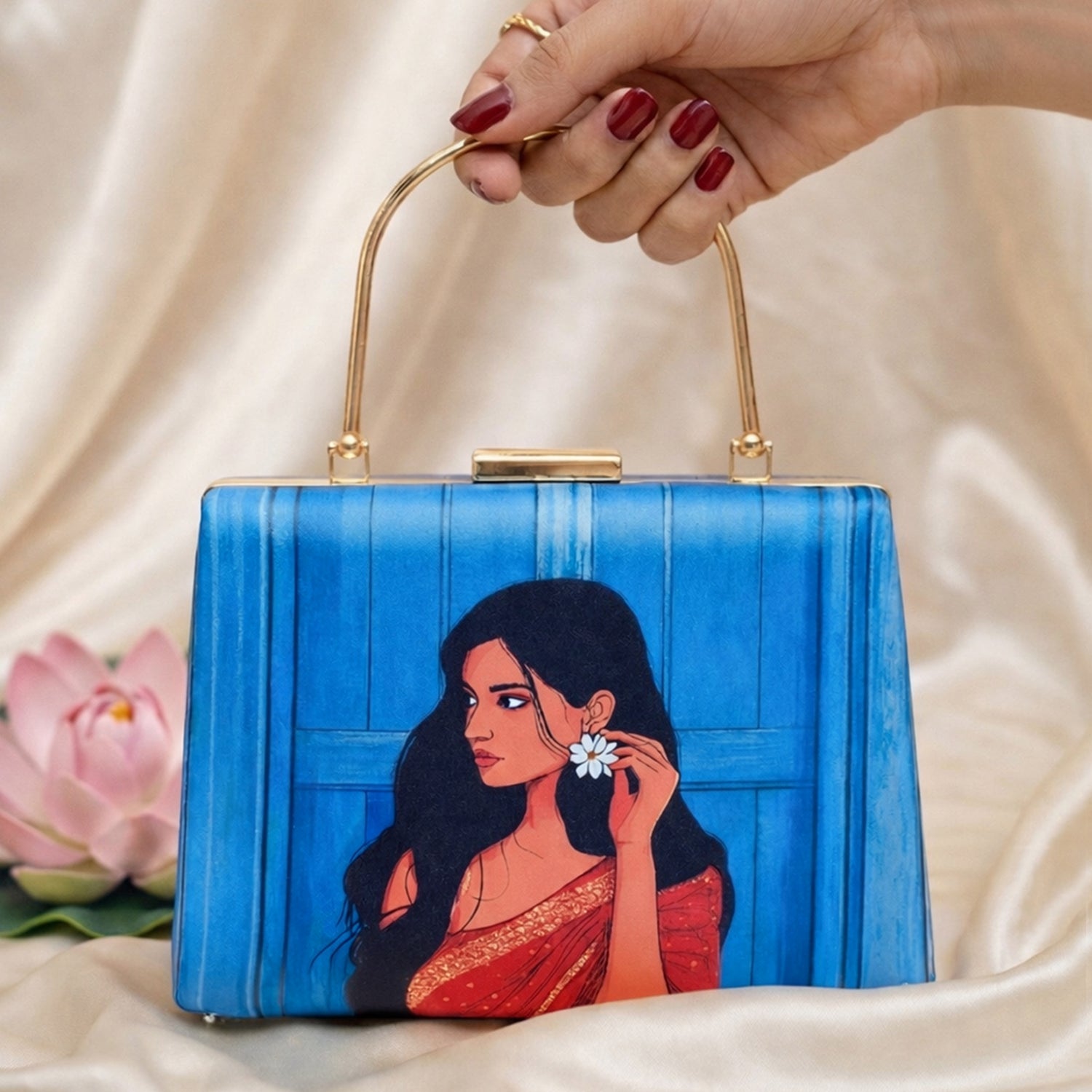 Artklim Blue Based Red Saree Women Portrait Printed Clutch