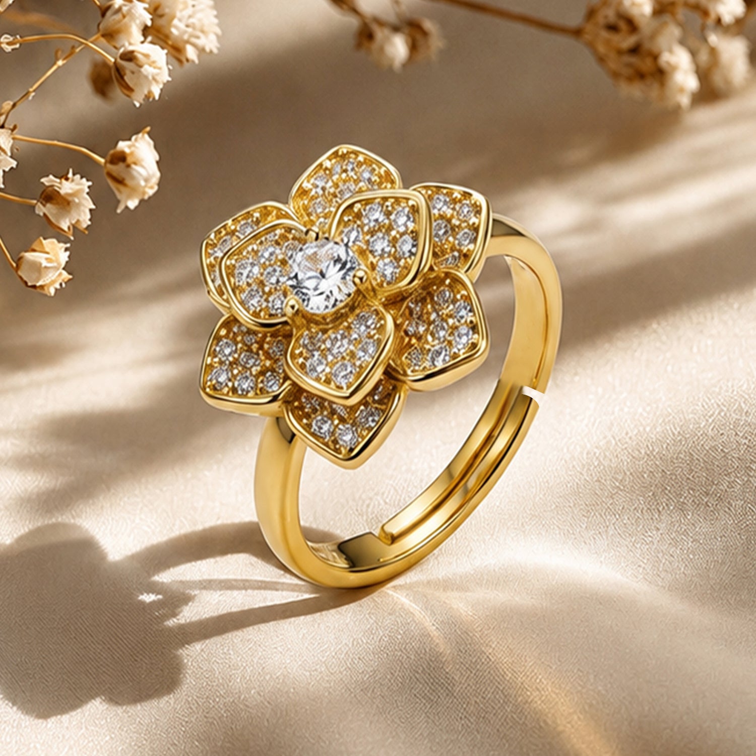 Artklim Gold Lotus Revolving Flower Crystal Adjustable Anti-Tarnish Copper Ring