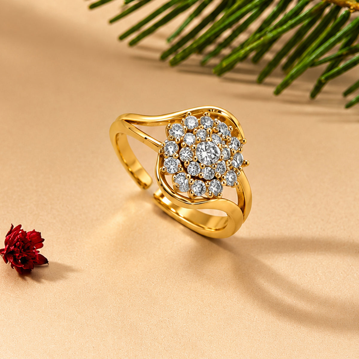 Artklim Elegant Floral Cluster Crystal Gold-Tone Anti-Tarnish Ring
