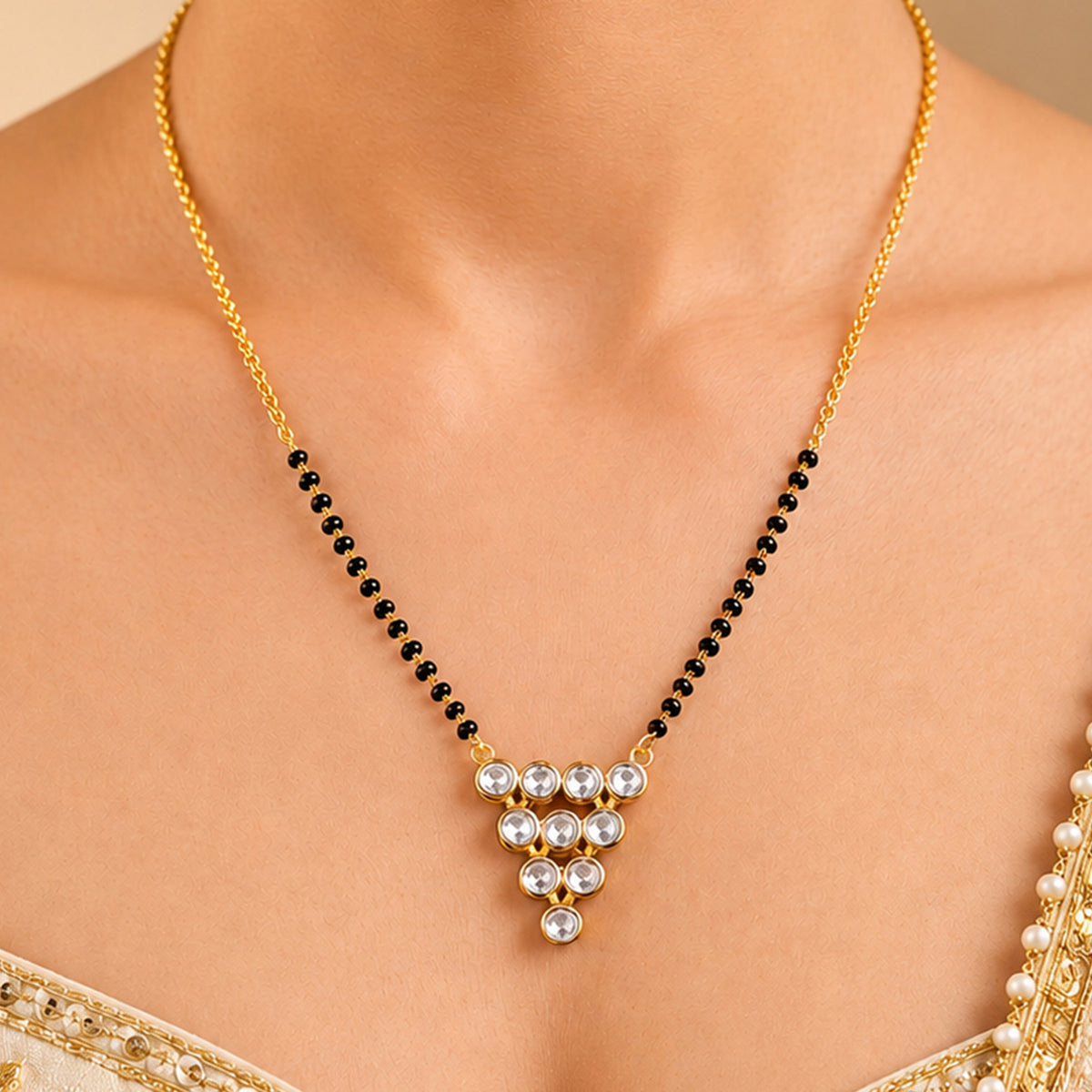Artklim Elegant Multi-Stone Round CZ Gold-Plated Mangalsutra with Black Beads