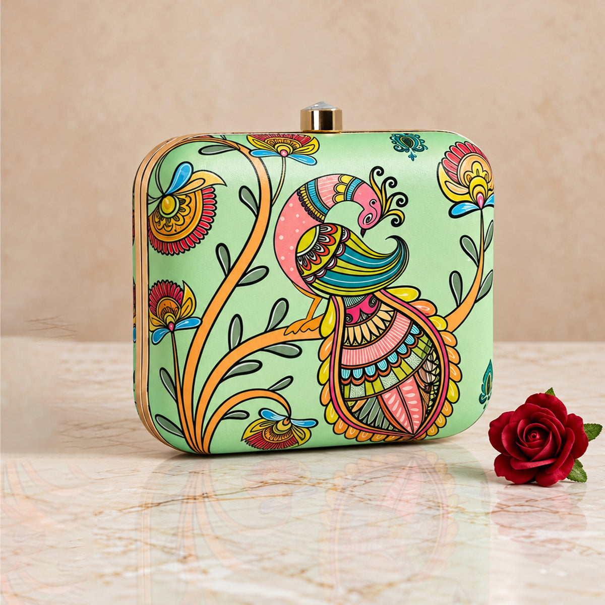 Artklim Colorful Peacock Floral Printed Designer Clutch