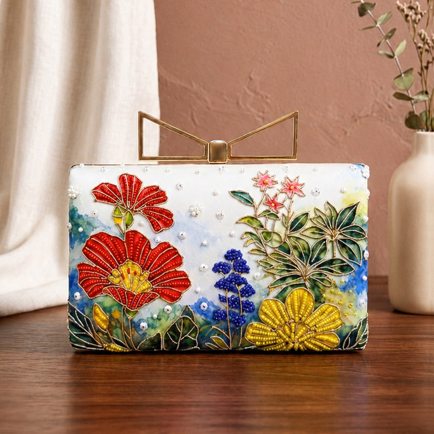 Artklim Printed Multicolor Botanical Floral Designer Clutch with Hand Embroidery