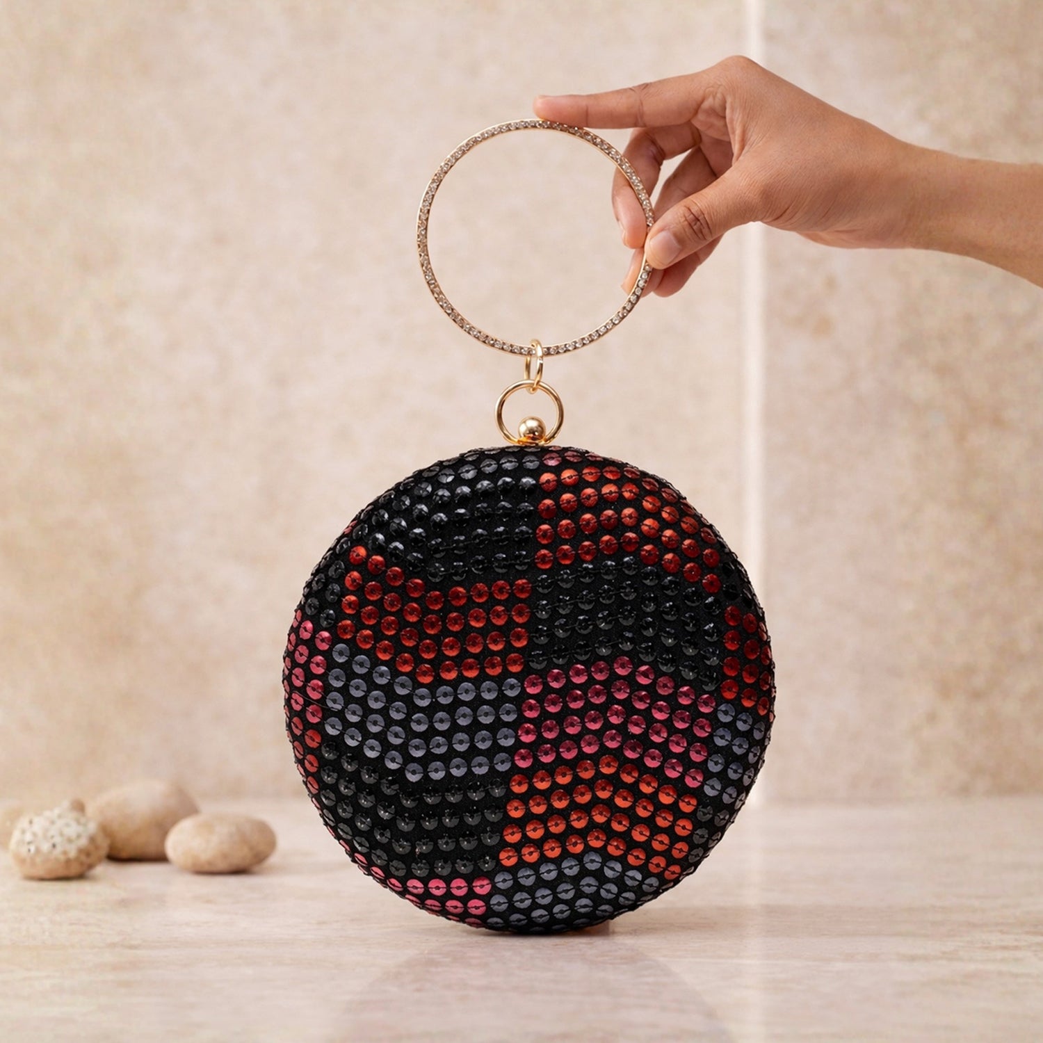 Artklim Glam Noir Red Sequin Pattern Embroidery Clutch