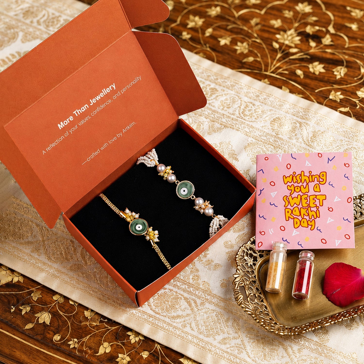 Artklim Mint Evil Eye Pearl Bhaiya Bhabhi Rakhi Set