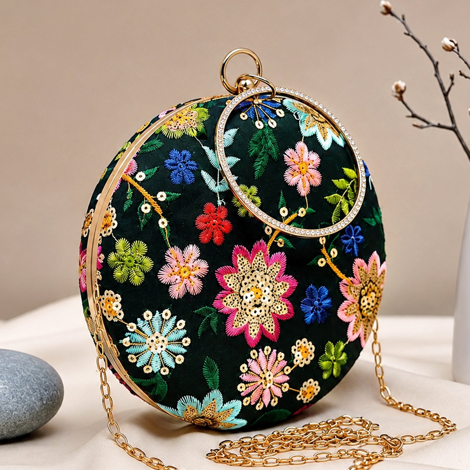 Green Floral Embroidery Round Clutch