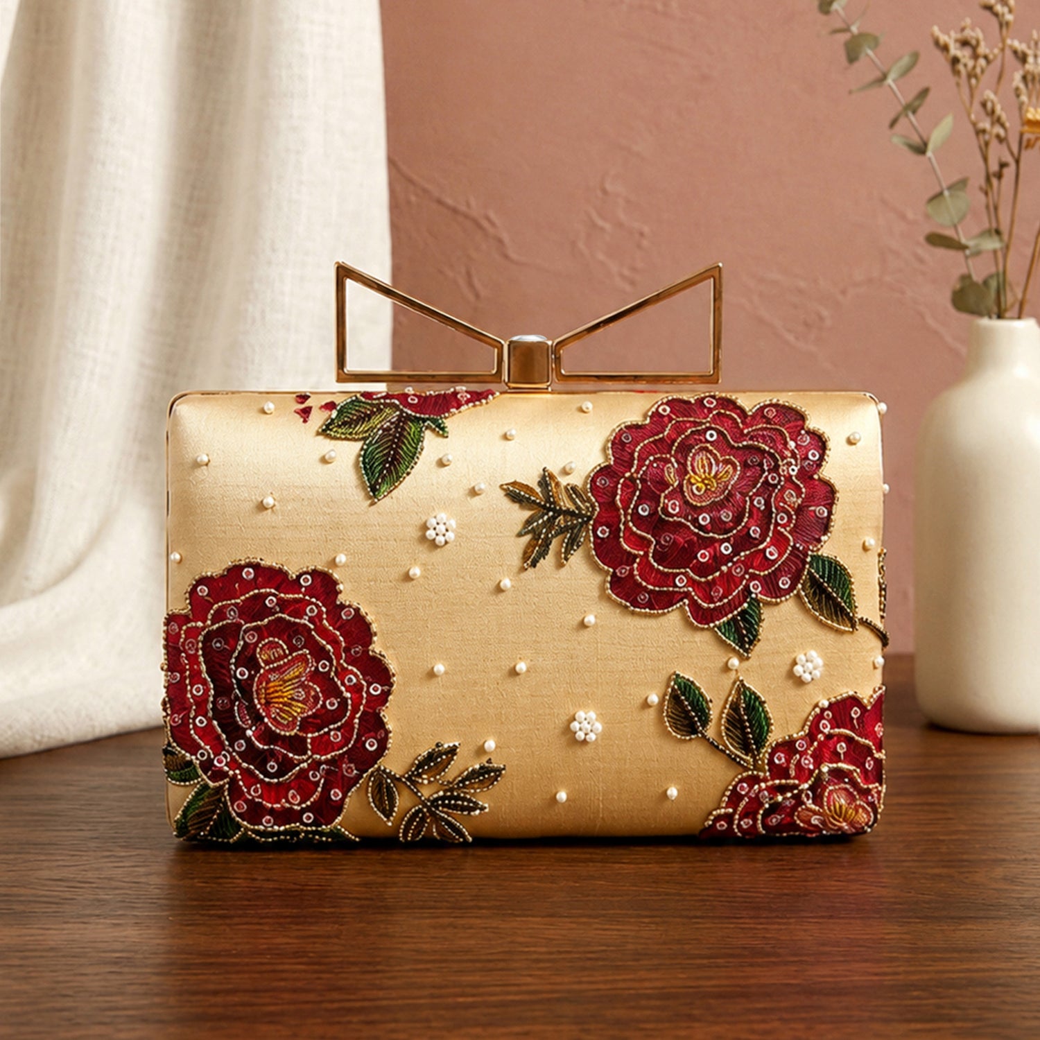Artklim Printed Beige Red Rose Designer Clutch with Hand Embroidery