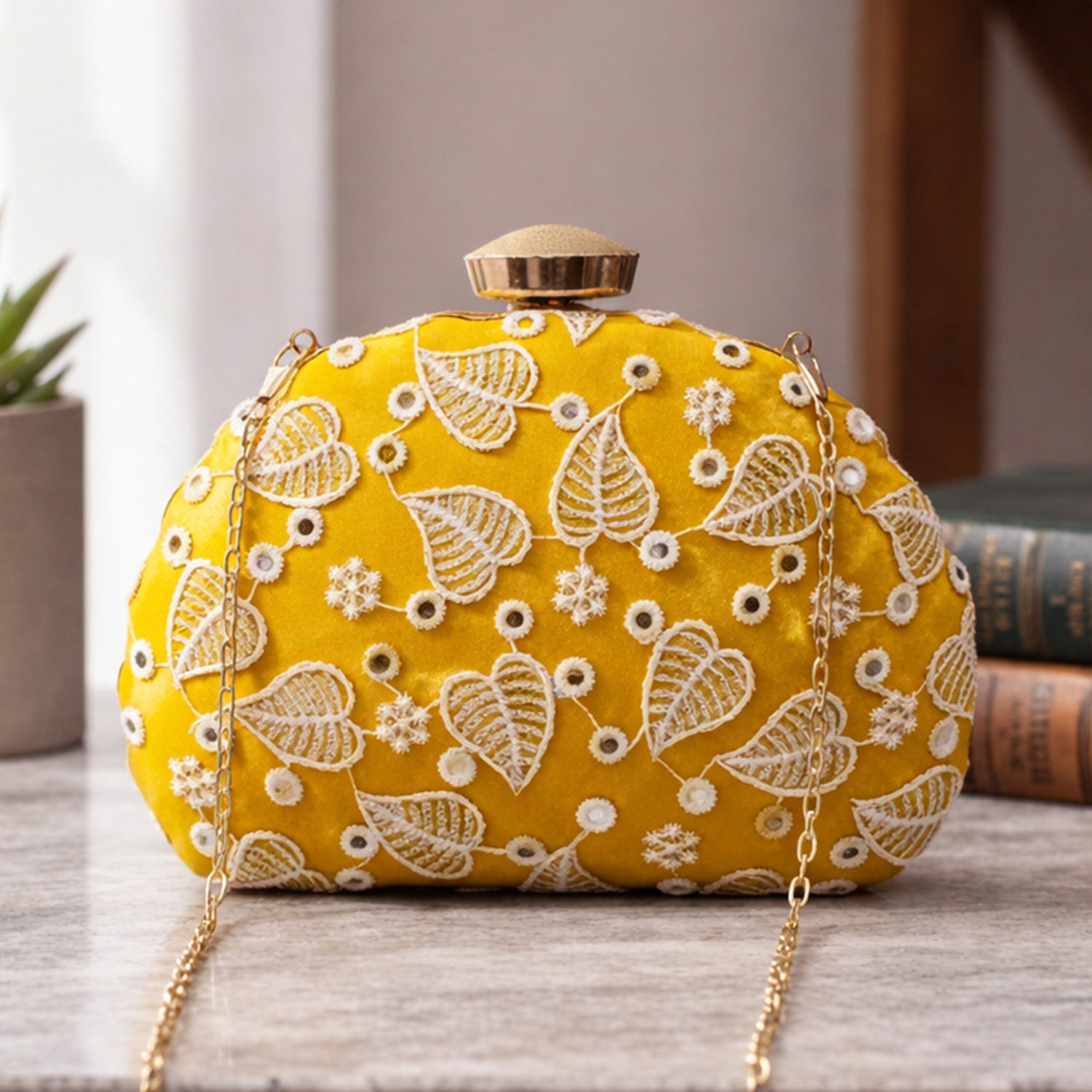 Artklim Yellow Base White Thread Embrodiery Clutch