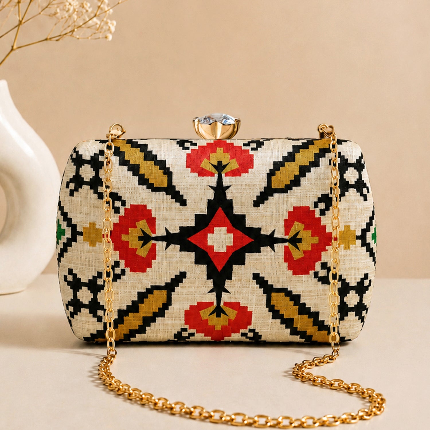 Artklim Ivory Red Ethnic Geometric Floral Pattern Printed Clutch