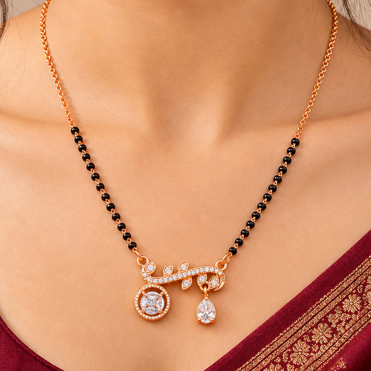 Artklim Elegant Rose Gold-Plated Leaf Design Mangalsutra with Black Beads for Women