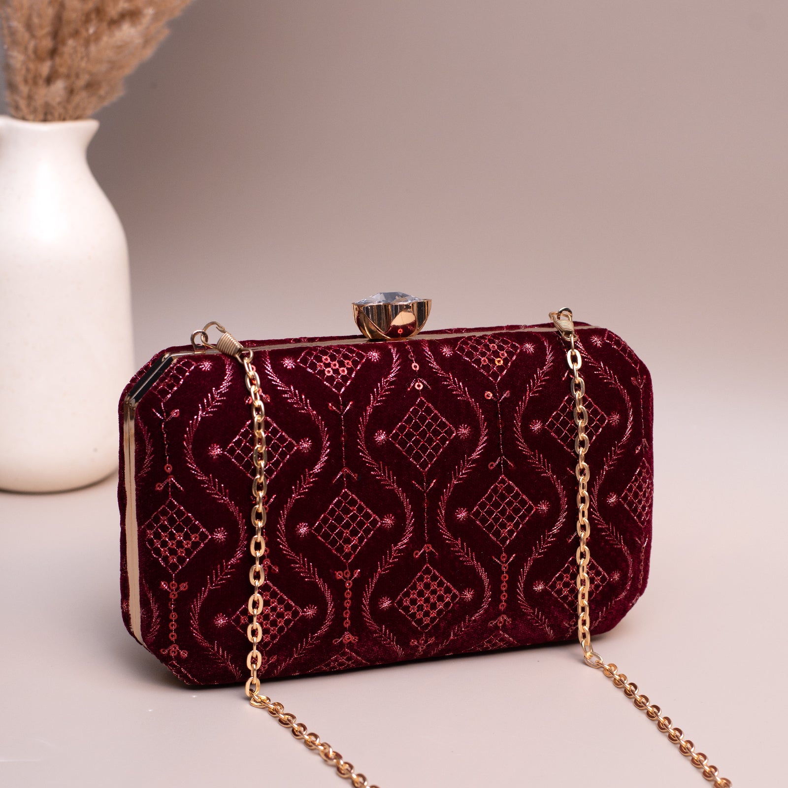 Artklim Maroon Based Silver Sequins Embroidery Clutch