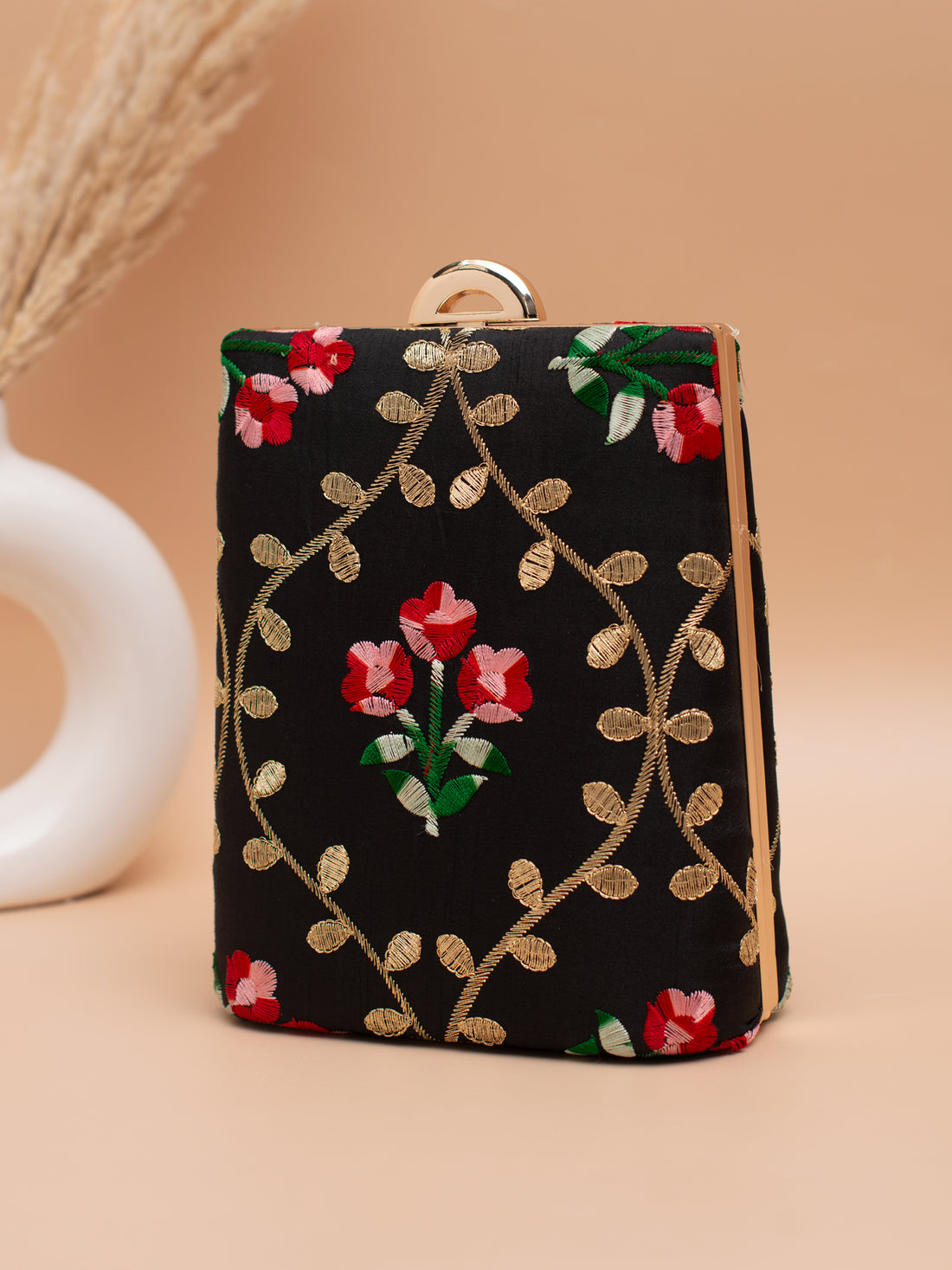 Artklim Black Clutch with Red Floral & Golden Vine