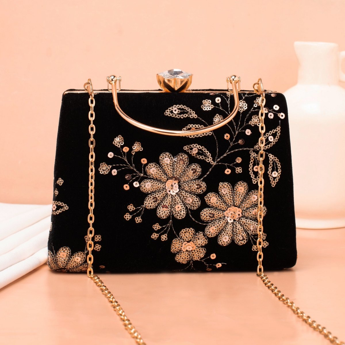 Artklim Black Base Floral Sequins Embroidery Ethnic Clutch