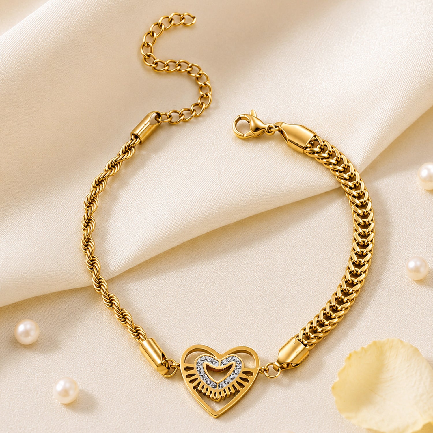 Artklim Crystal Heart Cuban Link Gold Bracelet Anti-Tarnish Bracelet