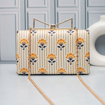 Artklim Ivory Gold Stripe Floral Printed Clutch