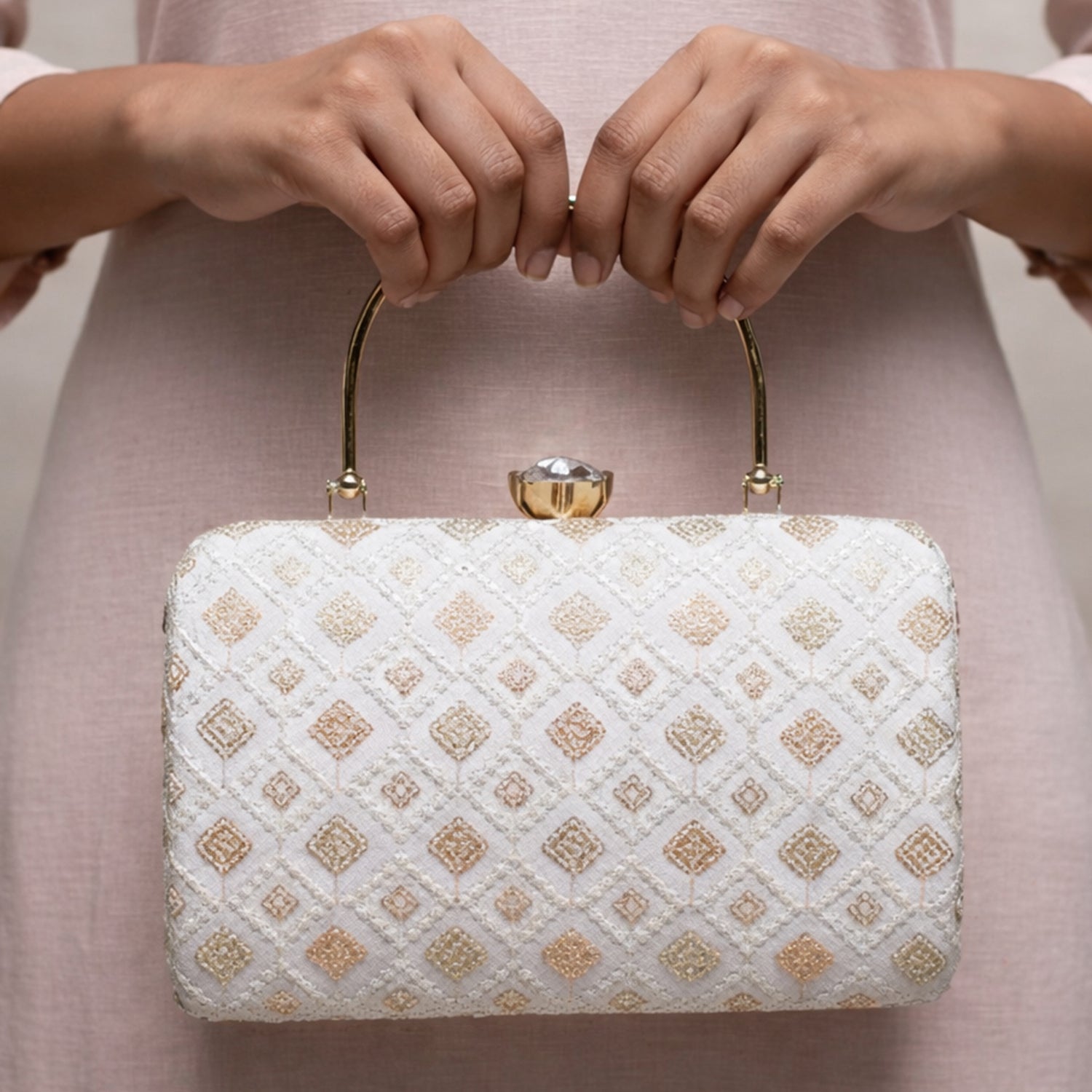 White Box Pattern Embroidery Clutch
