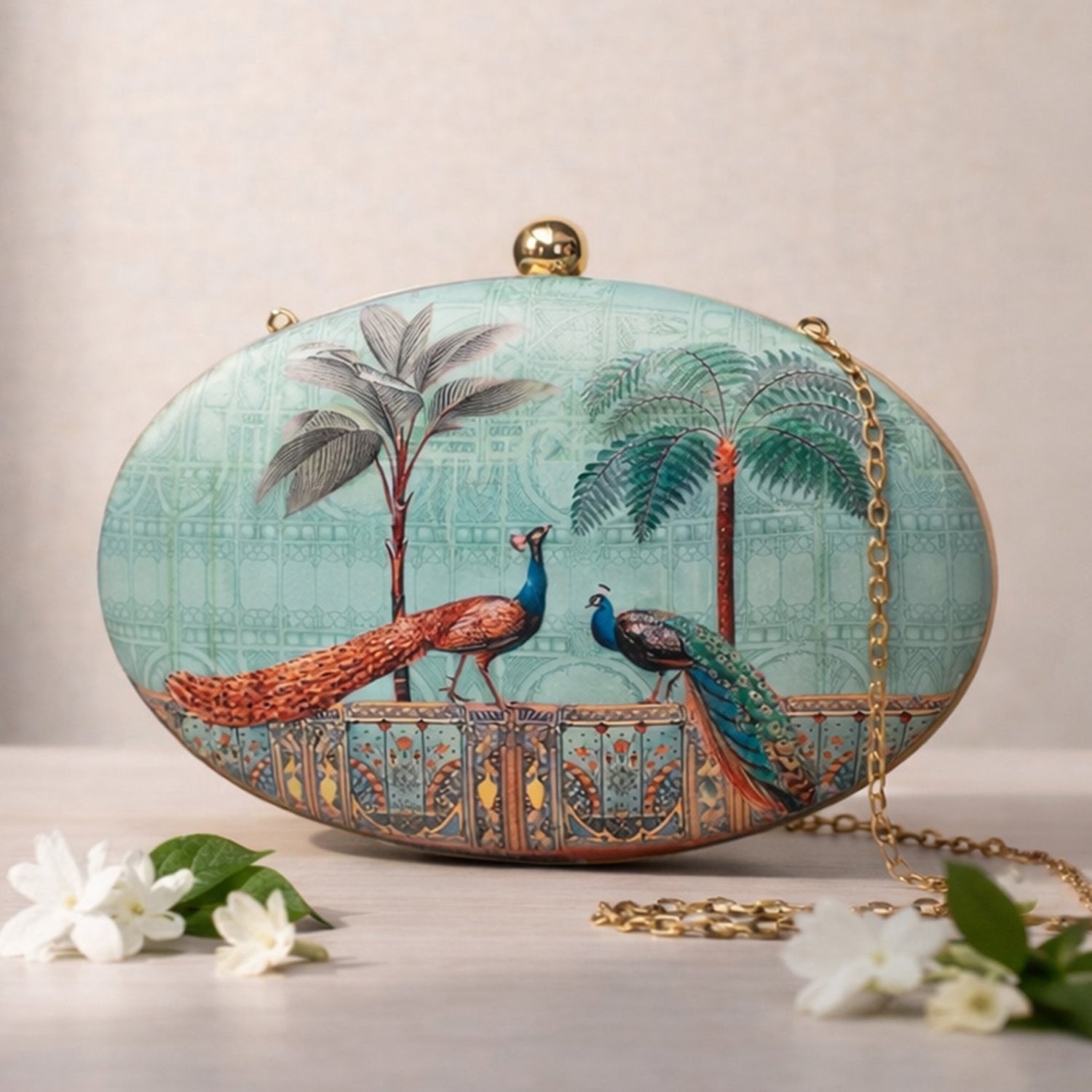 Peacock Pattern Oval Clutch