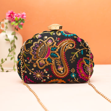 Artklim Royal Black Sequins Embroidery D- Shape Clutch"